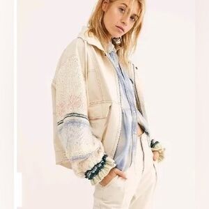We the Free Annabelle Cream Denim Jacket with Sweater Sleeves, EUC Sz L